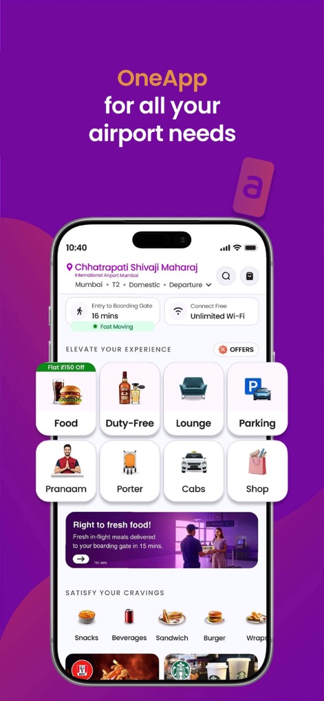 Adani OneApp: For Smart Travel - The app consolidates essential airport services through dedicated icons for Food and Duty-Free, alongside real-time flight status and Wi-Fi connection details.