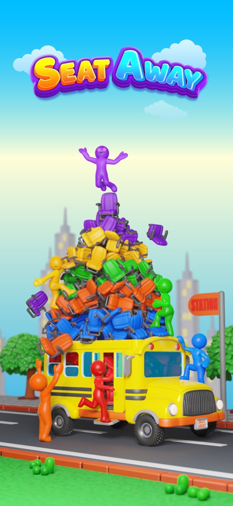 Seat Away - Découvrez l'univers joyeux et coloré de Seat Away, où les sièges s'empilent et les personnages attendent leur place.