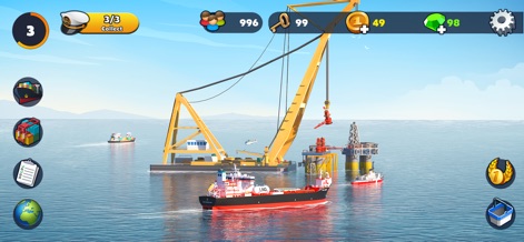 Port City: Ship Simulator - Cet aperçu montre des opérations spécialisées en mer, avec une gigantesque grue flottante en action et une plateforme pétrolière visible, attestant de la profondeur des tâches logistiques disponibles dans le jeu.