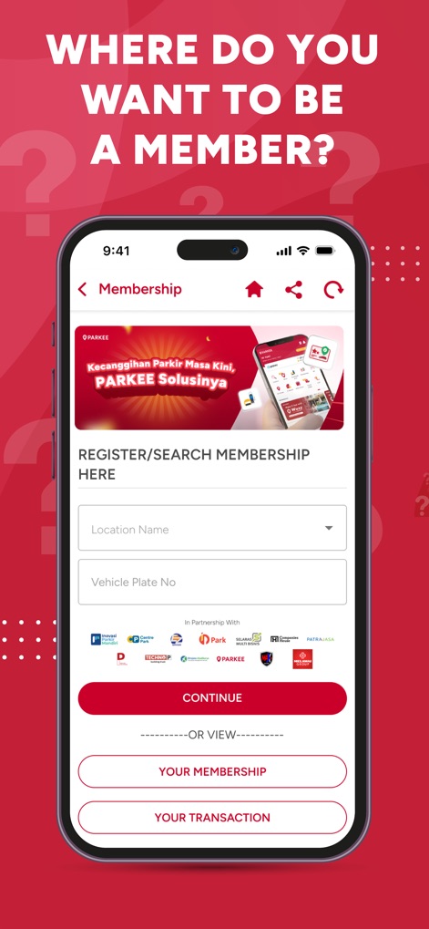PARKEE - This screen streamlines membership registration, allowing users to input location and vehicle details, supported by a network of official parking partners.