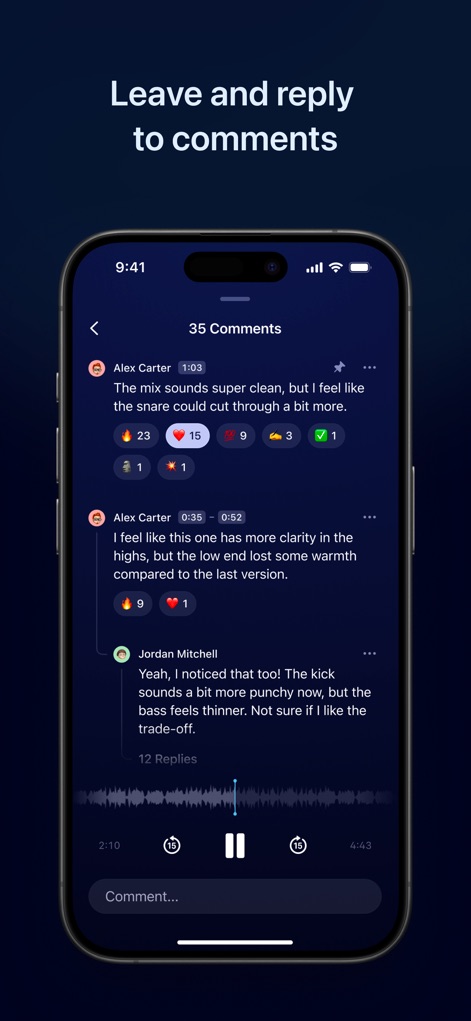 Samply - Listen & Share - Facilitate efficient collaboration with time-stamped comments directly on the waveform and expressive reaction icons for detailed critiques.