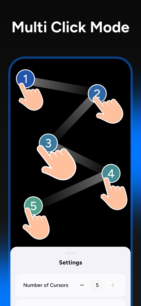 Auto Tapper Assistant App - Observe the "Multi Click Mode" arranging a sequence of tap points and adjustable "Number of Cursors" for complex tasks.
