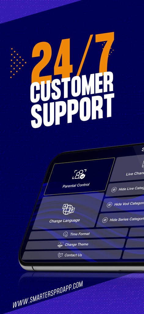 Smarters IPTV Pro - O aplicativo oferece opções essenciais como "Parental Control" para segurança e a funcionalidade "Contact Us" para garantir suporte ao usuário a qualquer momento.