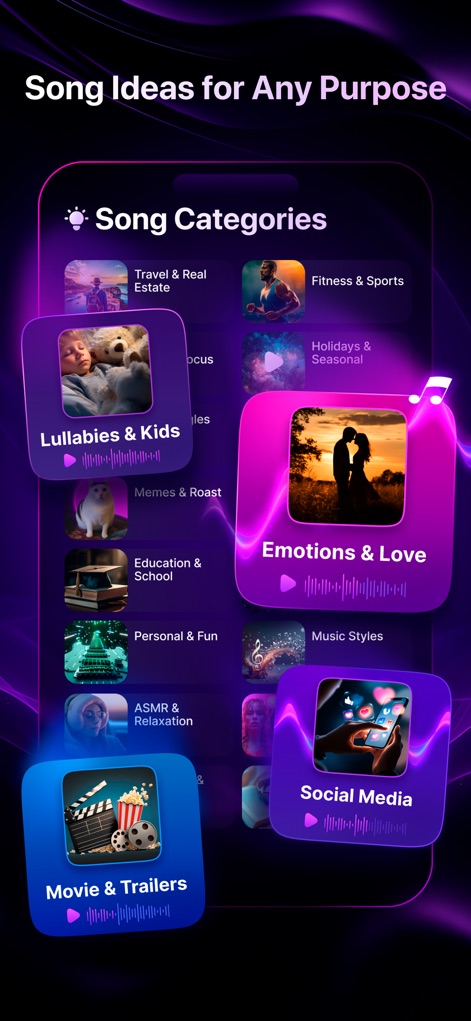 AI Music Maker・Song Generator・ - Explore a rich library of song categories, from 'Lullabies & Kids' to 'Movie & Trailers', providing endless inspiration for any project.