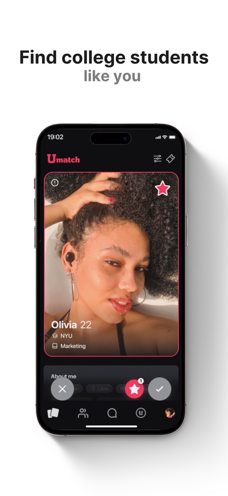 Umatch: Match, Chat & Meet - Users can discover potential matches through detailed profile cards, featuring key details like 'Olivia, 22, NYU, Marketing', and engage with swipe gestures including the prominent Super Crush icon.