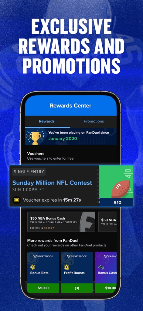 FanDuel Fantasy Sports - This tool showcases exclusive user rewards within the 'Rewards Center' interface, offering various vouchers that display specific contest details and expiration times.
