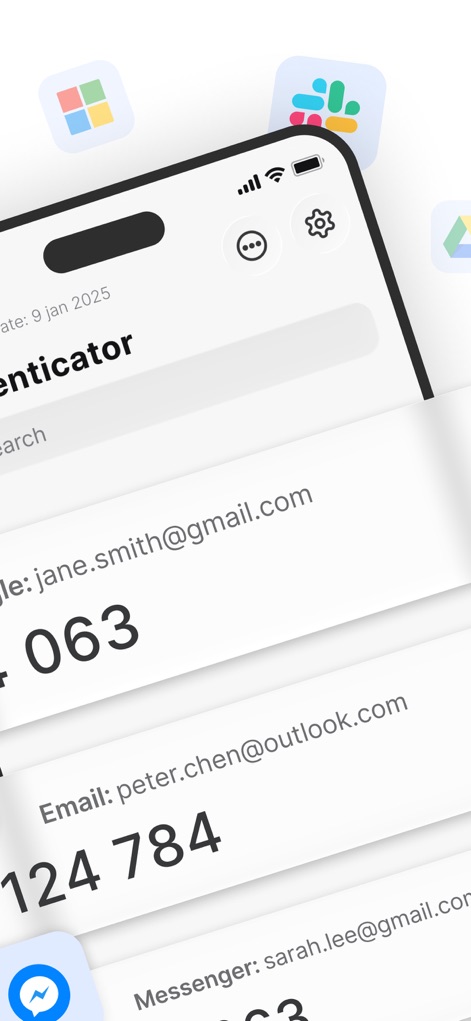 Authenticator ® App - La interfaz principal muestra una lista de códigos de autenticación generados, junto con un campo de búsqueda para una rápida localización y un icono de ajustes para personalizar la experiencia.