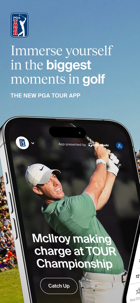 PGA TOUR - Users can quickly engage with top news stories, featuring player updates and a clear "Catch Up" call to action.