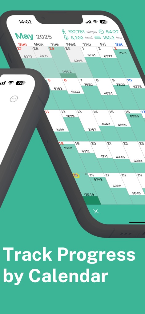 Step Counter Maipo - Pedometer - Os usuários podem visualizar o desempenho mensal através de um calendário, exibindo contagens diárias de passos e os totais agregados na parte superior da tela.