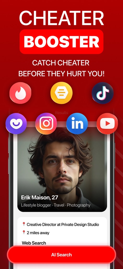 CheaterBuster - AI Checker - The app’s intuitive interface allows users to initiate an AI Search by tapping the dedicated button, seamlessly integrating scans across various social app icons to uncover profiles.
