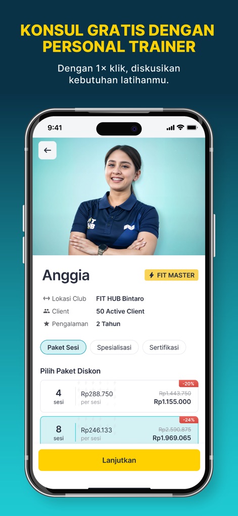 FIT HUB | Gym & Fitness App - This feature allows users to connect with certified personal trainers, viewing their profiles and booking discounted session packages directly through the app for personalized coaching.
