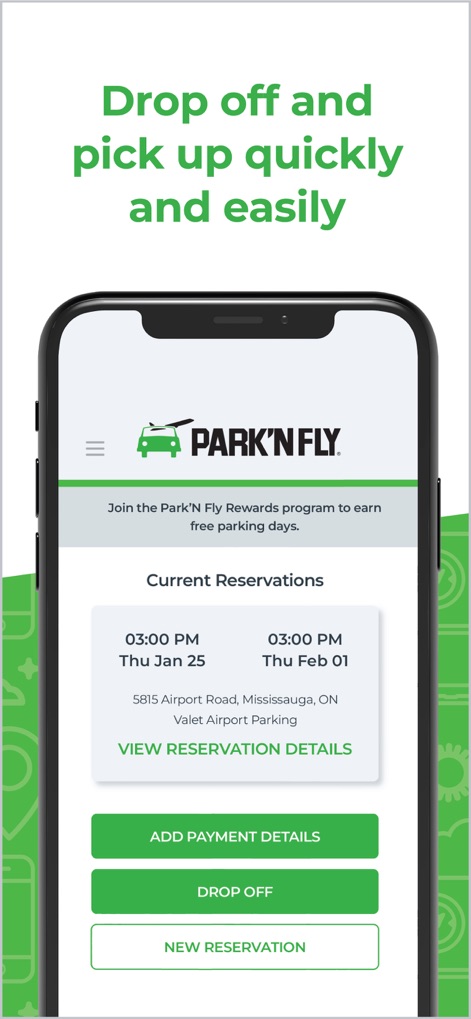 Park’N Fly Canada - Acompanhe as suas "Current Reservations" com detalhes visíveis e utilize a função "DROP OFF" para iniciar a estadia no aeroporto, tornando o check-in um processo ágil.