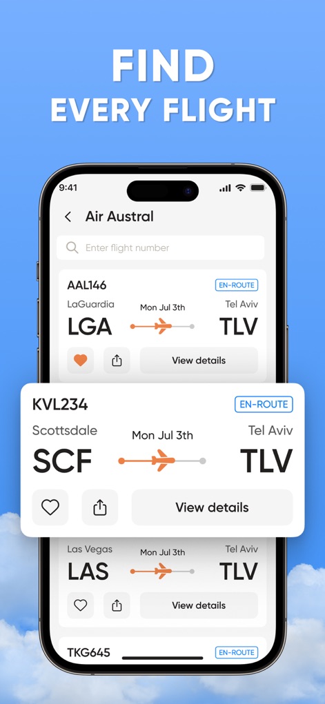 Flight Tracker: Plane Radar 24 - La aplicación permite a los usuarios buscar vuelos específicos y muestra múltiples tarjetas de resultados con información esencial, incluyendo los códigos de aeropuerto (LGA, SCF, LAS) y el estado 'EN-ROUTE'.