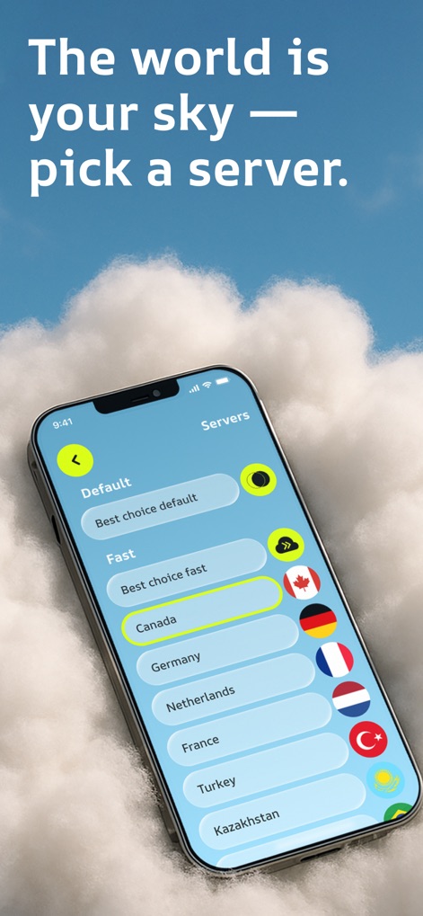 VPN Lite - FREE VPN OPEN ™ - L'application offre un réseau dynamique de serveurs, permettant aux utilisateurs de choisir facilement parmi diverses localisations identifiables par des drapeaux nationaux et d'opter pour des connexions 'Default' ou 'Fast' selon leurs besoins.