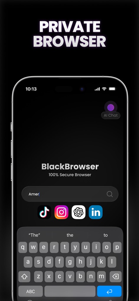 BlackHole Video Save - Der integrierte "BlackBrowser" bietet ein sicheres Surferlebnis mit einer prominenten Suchleiste für schnelle Anfragen und direkten Icons zu populären Plattformen, während der "AI Chat"-Button eine intelligente Kommunikationsmöglichkeit darstellt.