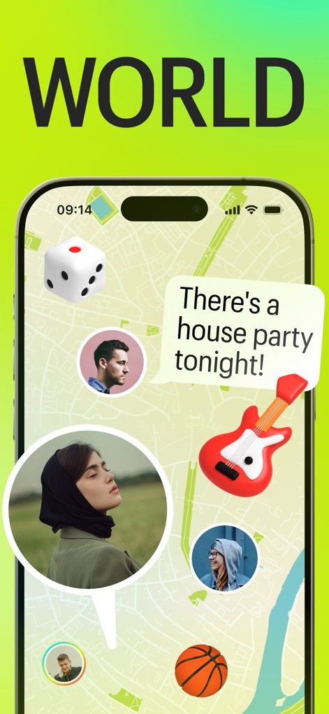 Meera: Messenger, video calls - Explore the app's central geo-social map, visually representing user avatars at their locations and dynamic event icons for community interaction and discovery.