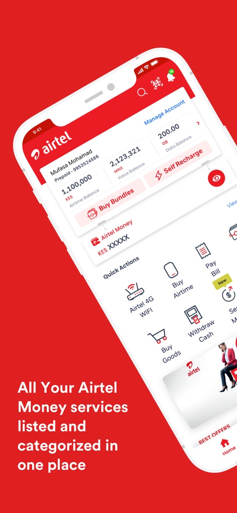 My Airtel Africa - この画面は、すべてのAirtel Moneyサービスを一覧で提供し、ユーザーが「カテゴリ分けされた機能」から必要なサービスを簡単に見つけられるよう設計されています。