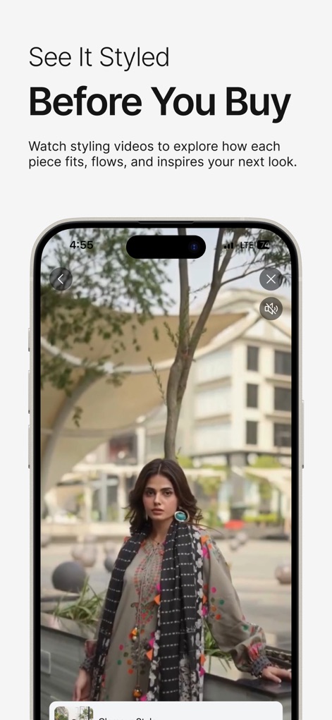 LAAM – Online Shopping App - Nutzer können Produkte dank integrierter Styling-Videos vor dem Kauf genau betrachten, wobei das Video eine Frau zeigt, die ein vollständiges Outfit präsentiert, und Steuerungsoptionen wie Lautstärke und Schließen sichtbar sind.