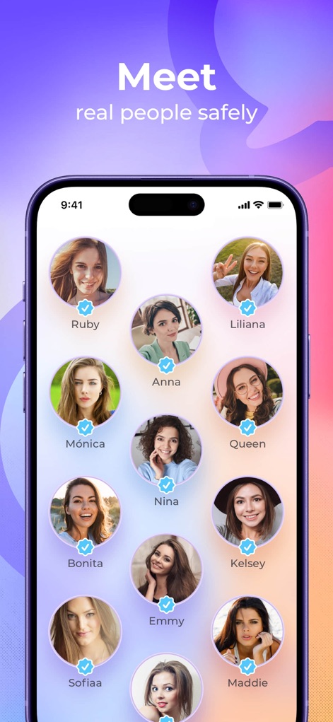 Meete - Meet New Friends - Discover how the app highlights verified user profiles with blue checkmarks, ensuring authentic connections among multiple potential new friends.