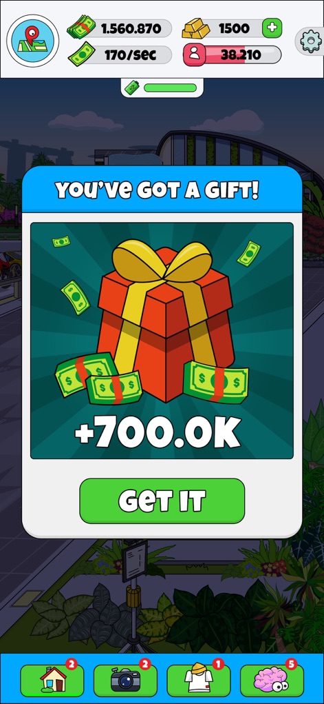 Lamar - Idle Vlogger - Los usuarios reciben estímulos constantes, con la ventana emergente de 'YOU'VE GOT A GIFT!' anunciando una recompensa y la generosa suma de '+700.0K' en efectivo que impulsa su progreso.