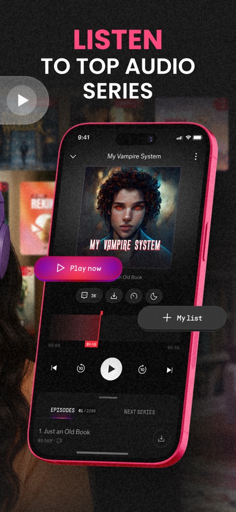 Pocket FM: Audio Series - The app's intuitive player interface features essential playback controls like fast-forward/rewind and displays an extensive episode list for smooth navigation within any series.