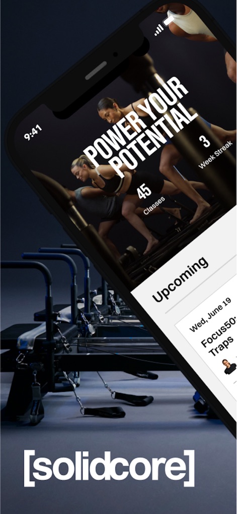 [solidcore] - La interfaz inicial destaca el avance personal con la 'Racha Semanal' y presenta las clases 'Próximas' para una planificación sencilla.