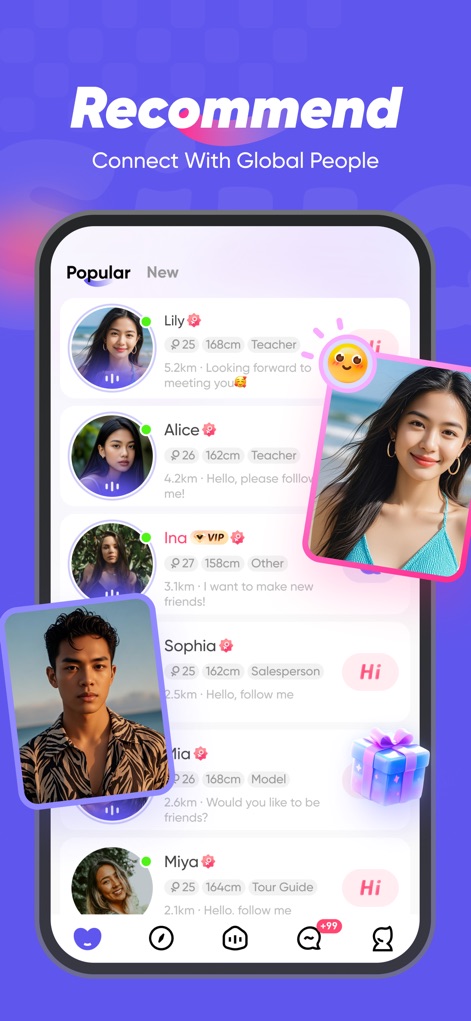 Siya - Make friends for real - The app showcases its "Recommend" feature, allowing users to browse diverse profiles and initiate new friendships with ease.