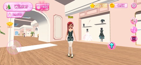 Dress Up Fashion Star - The app showcases a character ready for styling within a luxurious boutique environment, complete with visible display cases and an intuitive top-bar UI indicating in-game currency and time.