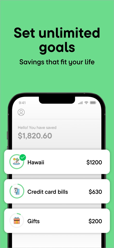 Oportun: Finances made simple - このツールは、ユーザーがクレジットカードの支払いやプレゼントなど、ライフスタイルに合わせた多様な貯蓄目標を無制限に設定できることを示します。