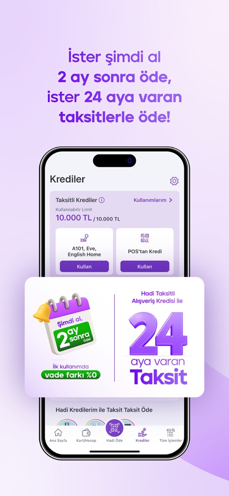 TOM Bank Hadi - Explore the app's flexible loan solutions, illustrating 'buy now, pay 2 months later' and installment options up to 24 months, alongside an available loan limit of 10,000 TL.