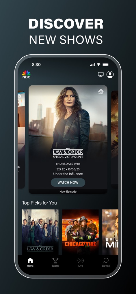 The NBC App – Stream TV Shows - This view demonstrates the app's intuitive discovery interface, prominently featuring popular shows such as 'Law & Order: SVU' and offering personalized 'Top Picks for You' to enhance user engagement.