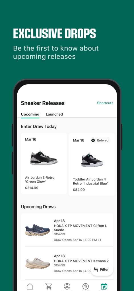DICK’S Sporting Goods - This section provides a clear "Sneaker Releases" tab for upcoming and launched items, featuring an "Enter Draw Today" option for high-demand products.