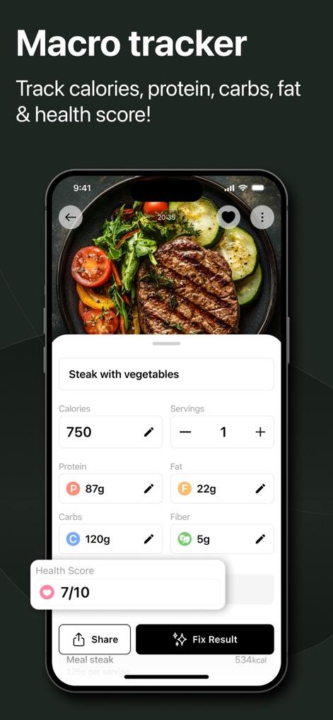 CalZen AI Food Calorie Counter - Users can review a comprehensive breakdown of meal macros, including the total "750 Calories" and individual nutrients like "Protein 87g", along with a "Health Score 7/10" for dietary assessment.
