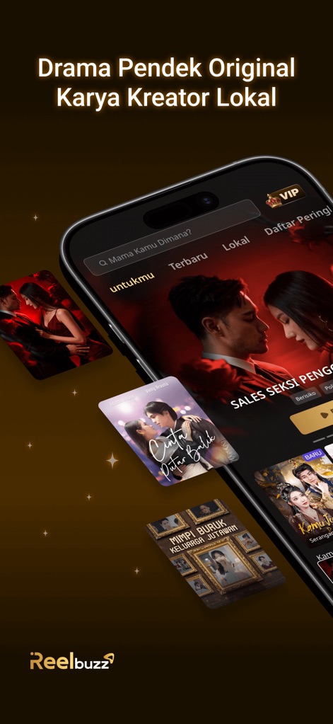 Reelbuzz - Drama Pendek Shorts - Explore the app's sleek interface, featuring personalized 'Untukmu' recommendations and a captivating array of original local drama covers for endless discovery.