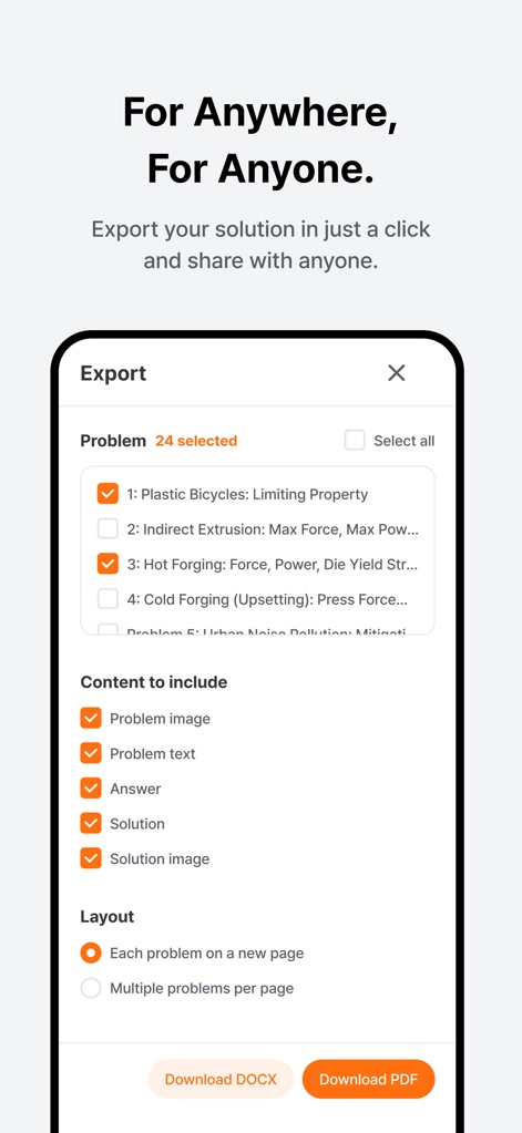 GPAI: AI STEM Copilot - Die App ermöglicht Nutzern einen flexiblen Export ihrer Lösungen als 'DOCX' oder 'PDF', wobei sie individuell auswählen können, welche 'Inhalte' wie Problemtext oder Lösungsbilder enthalten sein sollen.