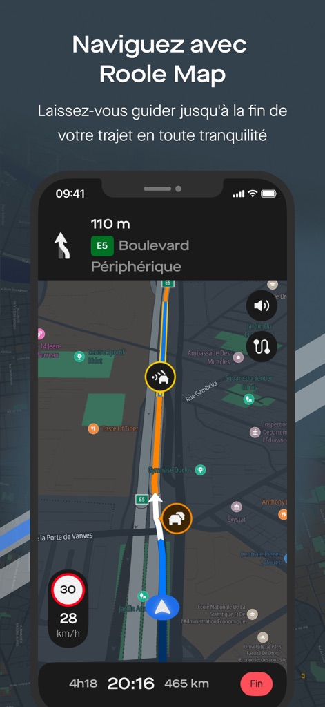 Roole Map : Borne & Navigation - Observe the clear real-time navigation display, featuring a prominent speed limit indicator and precise estimated arrival time for efficient travel.
