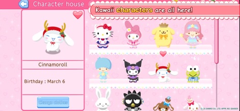 Hello Kitty World 2 - This tool highlights a comprehensive collection of kawaii Sanrio characters, each with customizable outfits and personal details like Cinnamoroll's birthday.