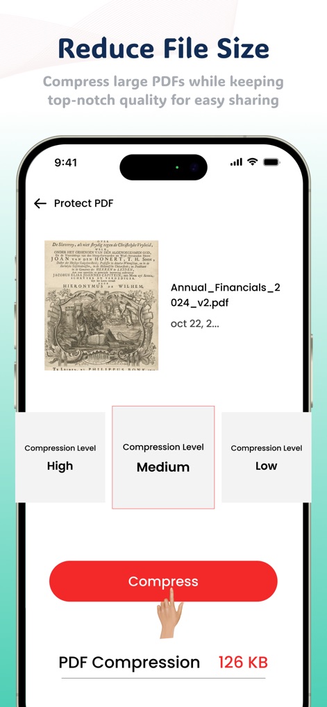 OKEN Scanner - PDF Scanner - Réduisez la taille de vos fichiers PDF tout en maintenant la qualité, en choisissant un 'Compression Level' (Medium est sélectionné) et en visualisant la taille finale du 'PDF Compression'.