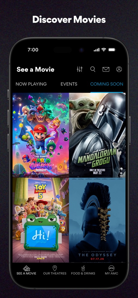 AMC Theatres: Movies & More App Store screenshot 1, headline “Discover Movies”. Rounded headline type.