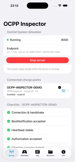 Screenshot von OCPP Inspector auf dem iPhone 1