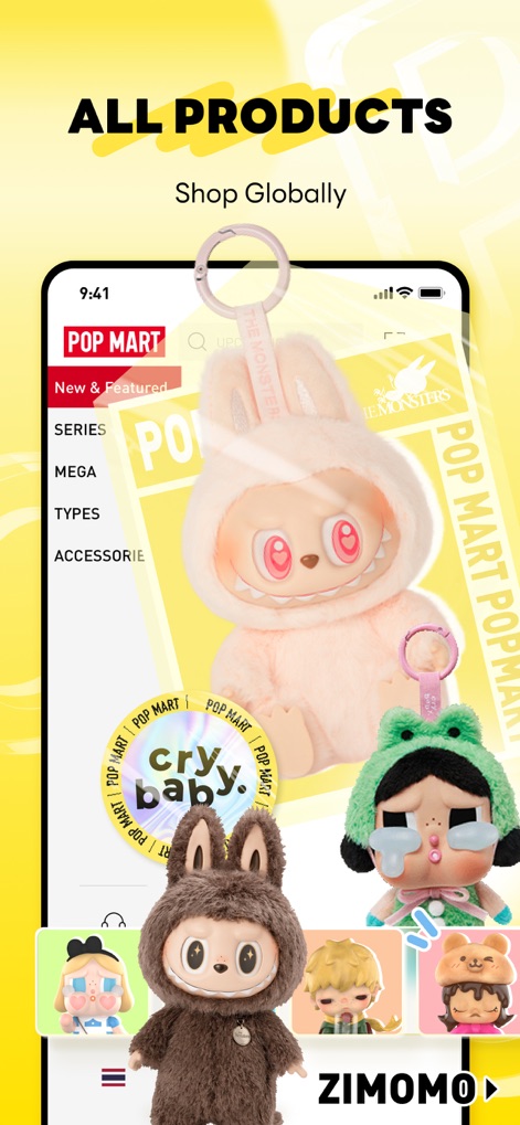 POP MART - Explore the app's intuitive navigation menu and the extensive catalog showcasing diverse art toy lines, including beloved ZIMOMO and Crybaby series.