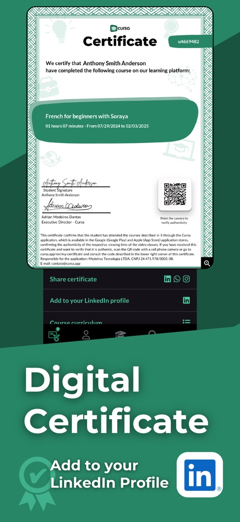 Cursa - Learn anything - O certificado digital do Cursa é exibido em destaque, contendo o nome do curso "French for beginners" e um QR code para verificação de autenticidade.