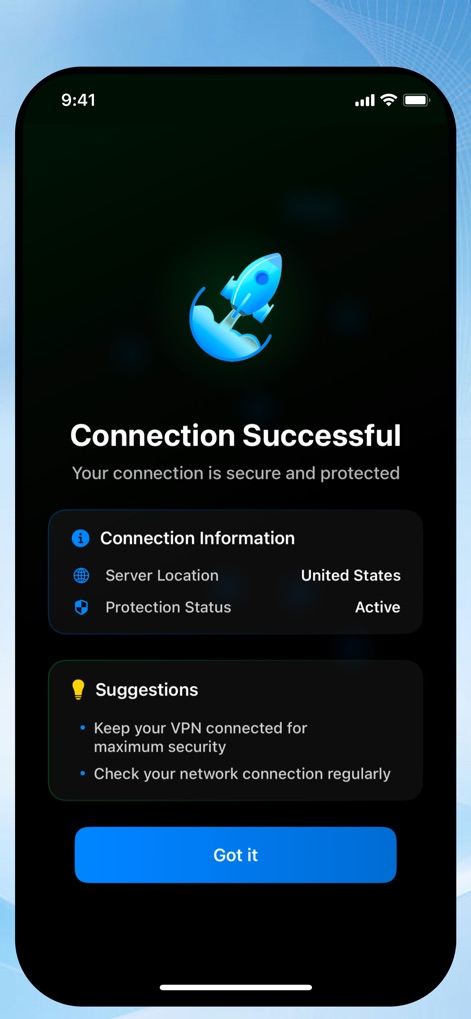 VPN Fly 2026 - After connecting, users are presented with a 'Connection Successful' confirmation, detailing key 'Connection Information' and offering practical security 'Suggestions'.