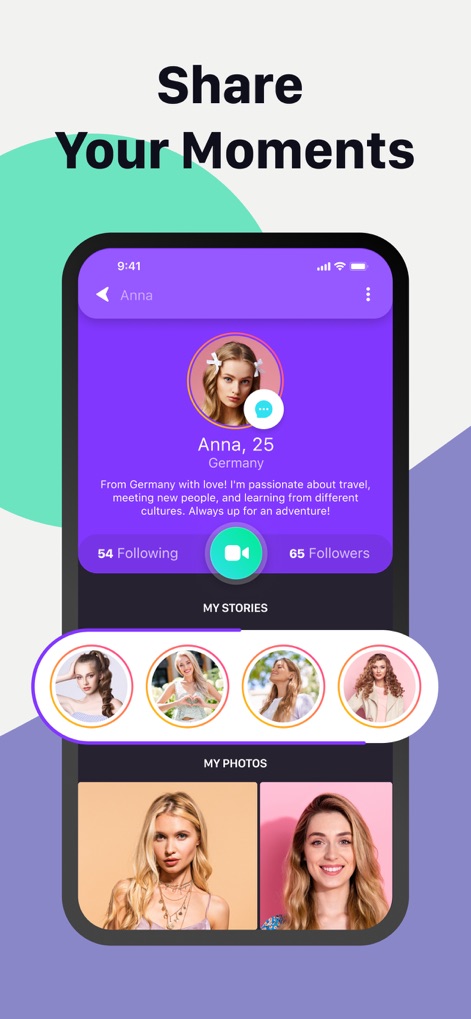 Joi - Live Stream - The app offers a customizable user profile, prominently displaying follower/following counts and dedicated sections for 'My Stories' and 'My Photos' content.