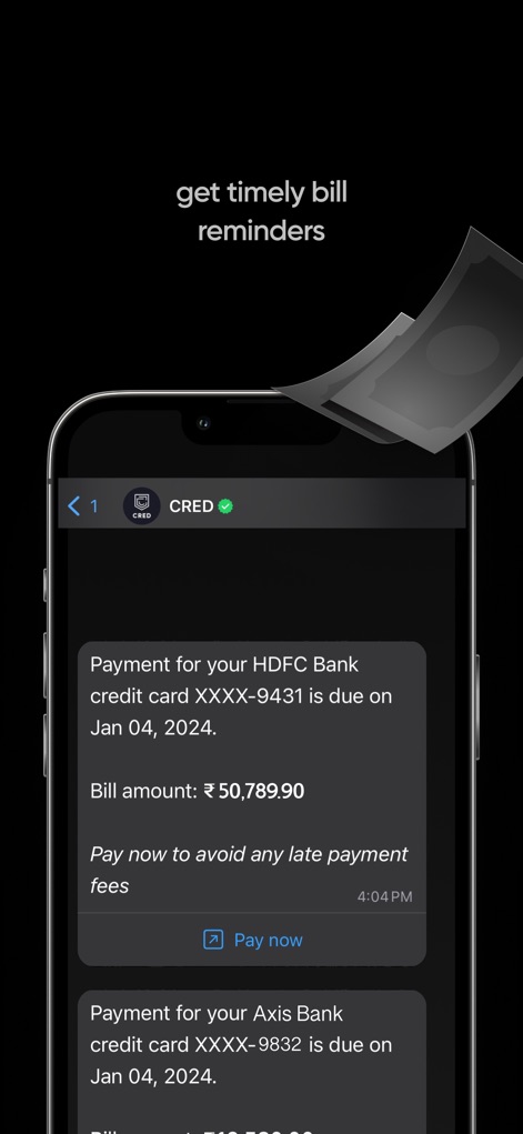 CRED: UPI, Bills, Credit Cards - O sistema de notificações inteligentes do aplicativo envia lembretes para pagamentos de contas, como o do HDFC Bank e Axis Bank, informando o valor e a data de vencimento para evitar multas.