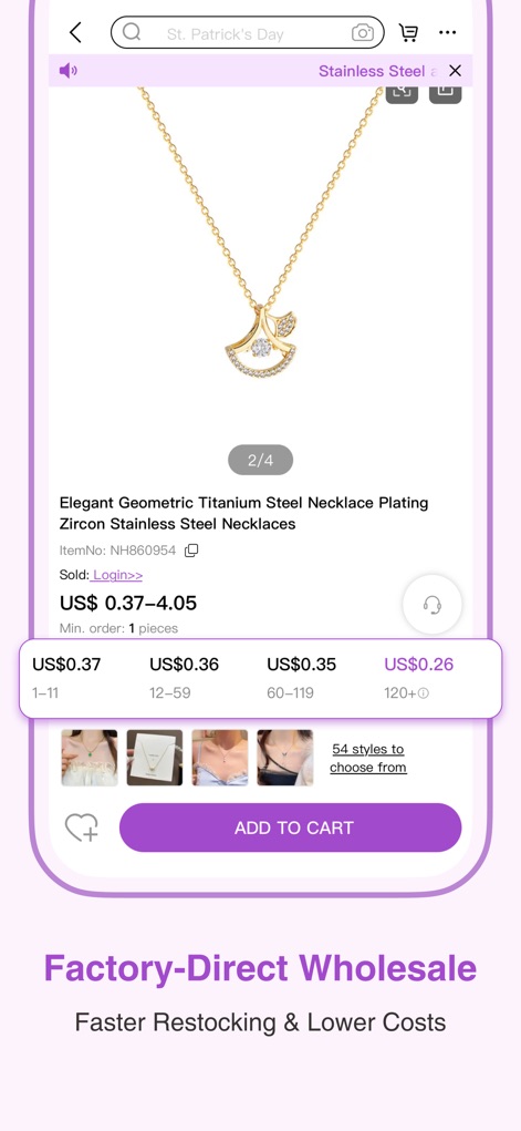 Nihaojewelry-Wholesale Online - Die App zeigt eine detaillierte Produktansicht mit einem eleganten geometrischen Halskettenbild und einer übersichtlichen Preistabelle, die gestaffelte Rabatte für größere Mengen darstellt.