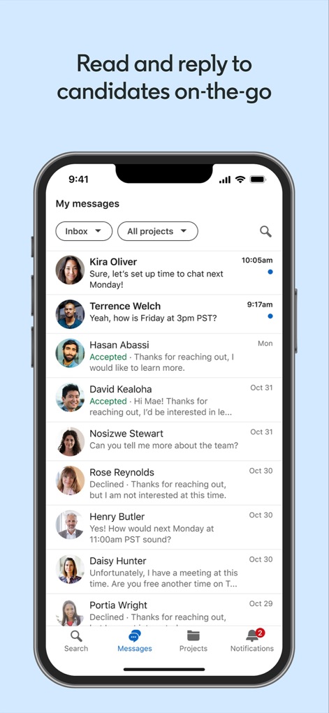 LinkedIn Recruiter - Observe the seamless communication experience, allowing recruiters to read and reply to candidates directly from the "My messages" inbox, complete with sender avatars and timestamps.