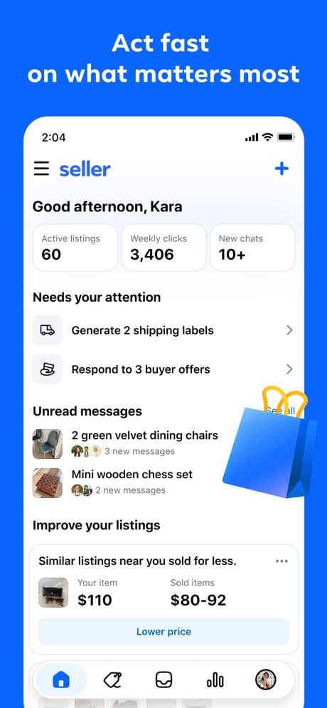 Seller, a Facebook app App Store screenshot 1, headline “Act fast on what matters most”. Urgent tone.