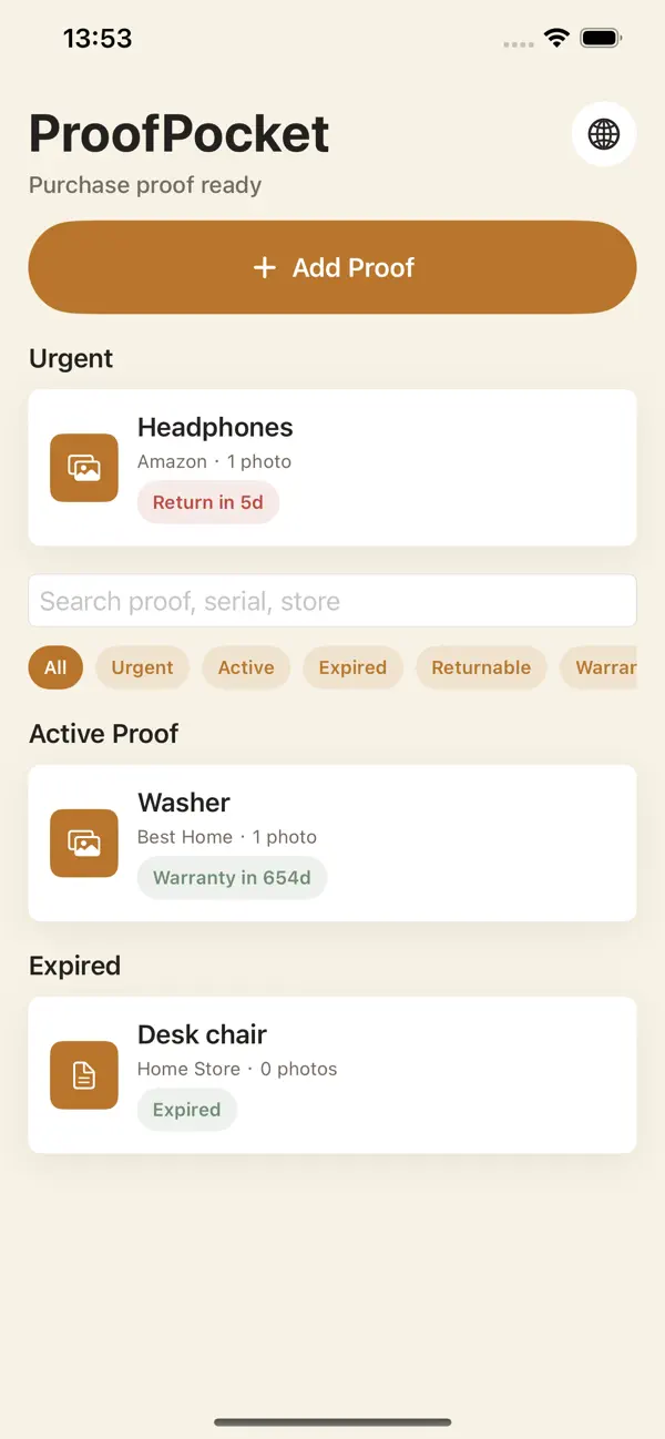 Screenshot #1 pour ProofPocket Receipt Wallet