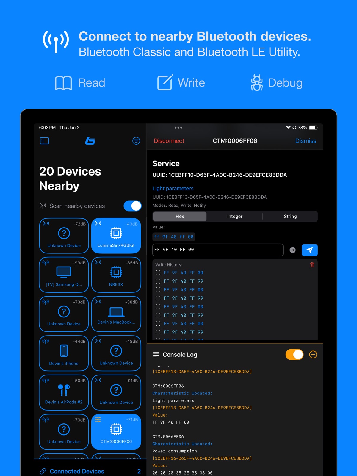 LuminaSet Bluetooth Utility ipad screenshot 1